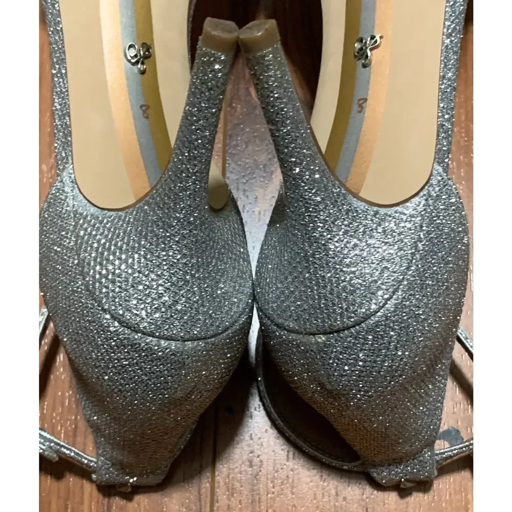 Women’s Sam Edelman Patti Ankle Strap Heeled Sandal Silver Sequin Size 8